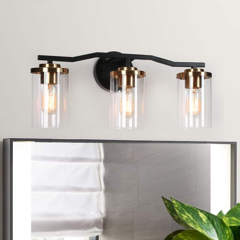 Modern Farmhouse Black Gold 3-Light Bathroom Vanity Lights Cylinder Glass Wall Sconces - 21" L x 7" W x 6" H