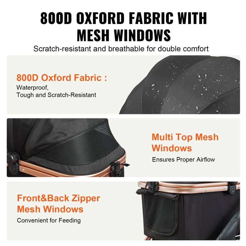 Pet Stroller with Breathable Mesh Windows and Height-Adjustable Height