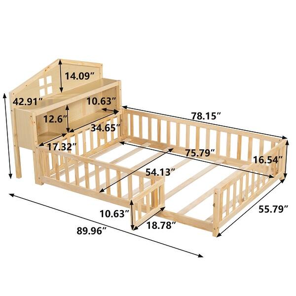 dimension image slide 1 of 3, Full Size Plywood Montessori Floor Bed with Bookcases, Blackboards, Guard rails, Solid Wood Floor Beds and Storage Headboards