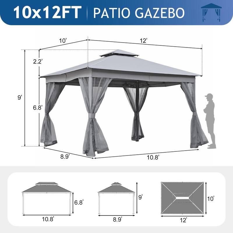 10x12 FT Outdoor Gazebo Tent with Double Roofs and Mosquito Netting