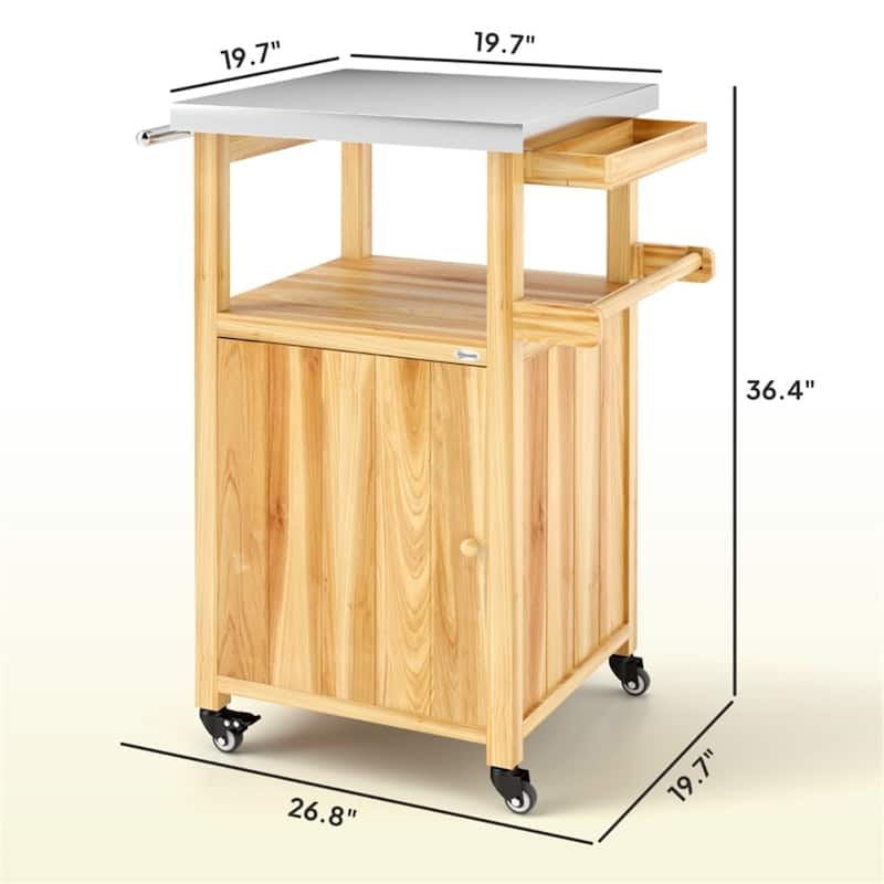 Natural Wood Grill Cart with Stainless Steel Top Cabinet Spice Rack Towel Holder and Swivel Casters 27 Inch