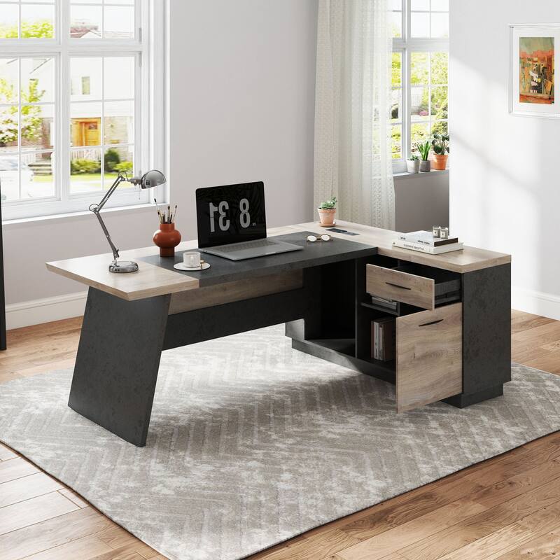 WESOME Black/Wood L-Shaped Executive Desk with Cabinet Built-In Outlet(LP002)