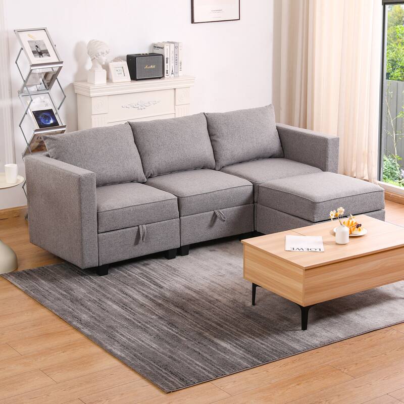 Small Modular L Shaped 3 Seater Convertible Sectional Sofa with Dark Grey Burlap - Multi-Color