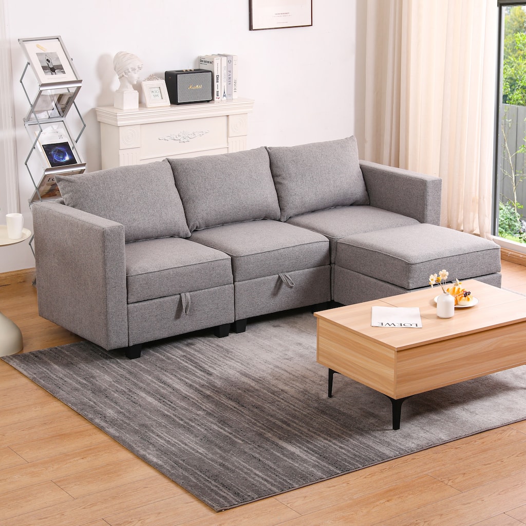 Small Sectional Sofa Modular L Shaped Couch 3 Seater Sectional Couch Convertible Chaise Ottoman with Dark Grey