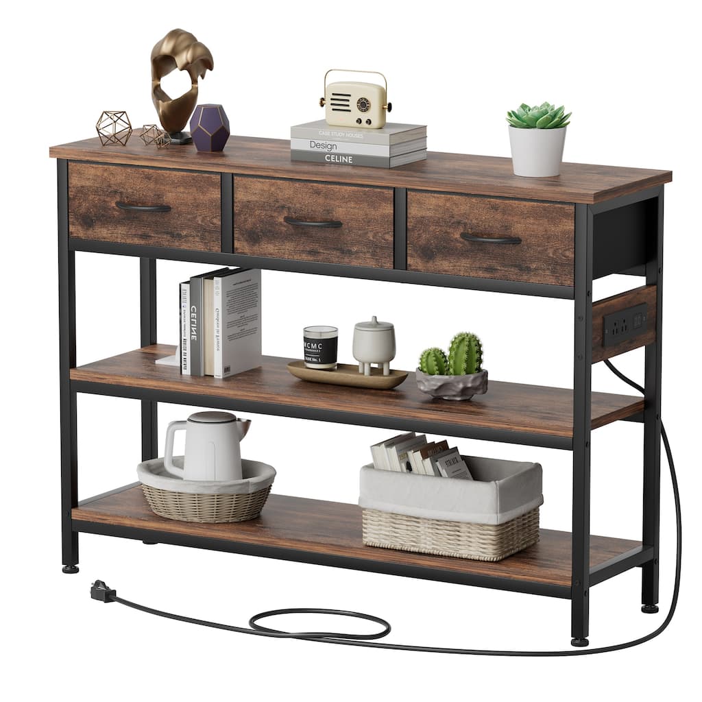43.3" Console Table with 3 Fabric Drawers, Power Outlets & USB Ports
