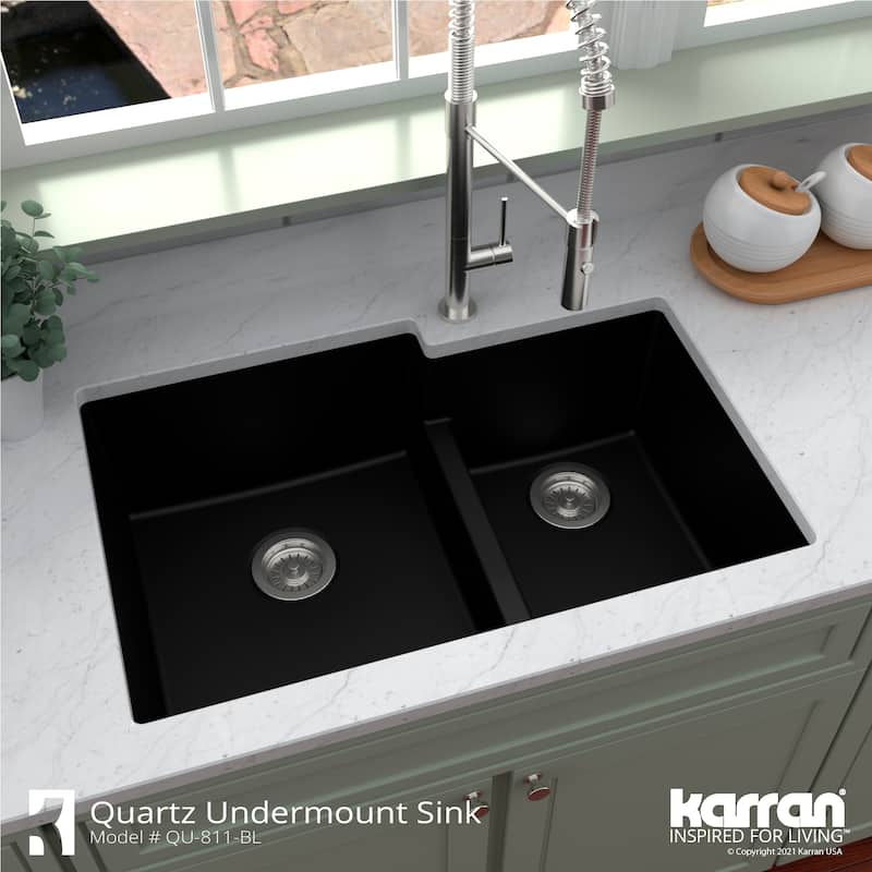 Karran 32" Undermount Large/Small Bowl Quartz Kitchen Sink Kit - 32" x 21.25" x 9"