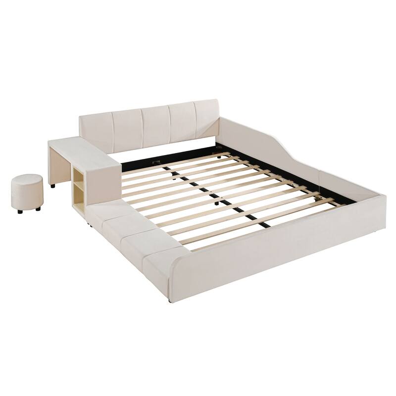 Full Size Upholstered Grounded Bed, Mother & Child Bed with Bedside Desk and Little Round Stool