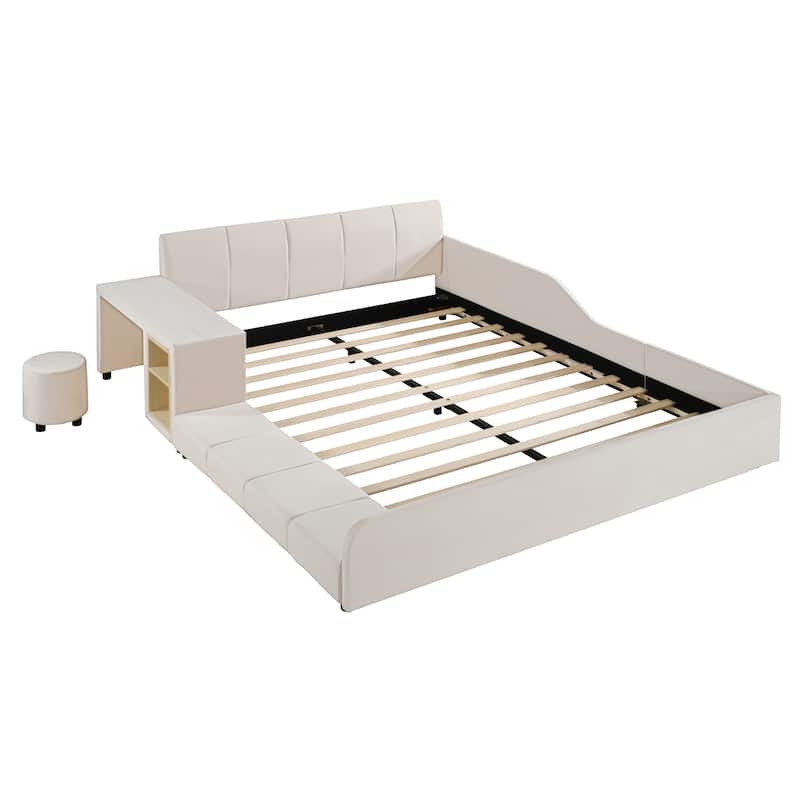 Queen Size Upholstered Grounded Bed, Mother & Child Bed with Bedside Desk and Little Round Stool, Velvet, Beige