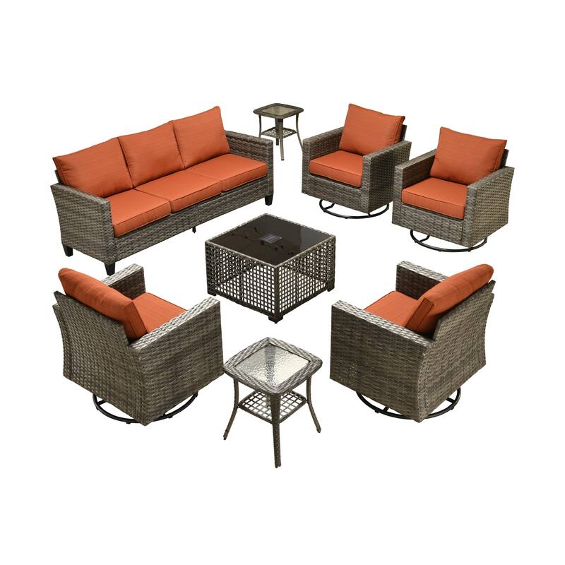 OVIOS 8 Pieces Outdoor Swivel Chair Set with Solar-Powered Table