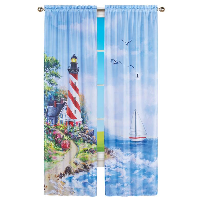 Lighthouse Scene Coastal 2-Piece Curtain Panel Set - 35" WIDE