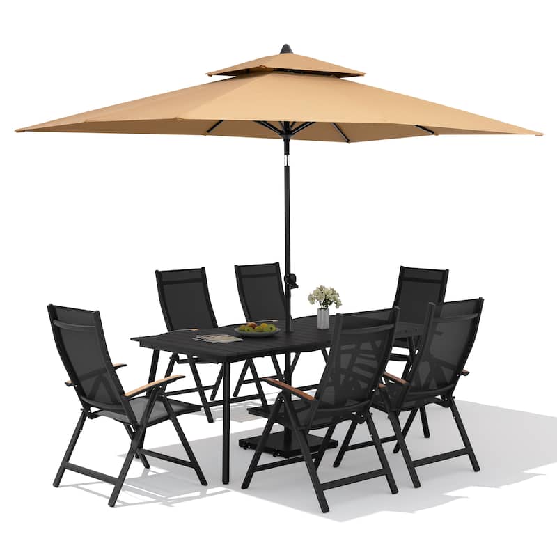 9PC Outdoor Patio Dining Set WoodLike Aluminum Umbrella Hole Table with Folding Chairs,Double Top Market Umbrella and Wheel Base