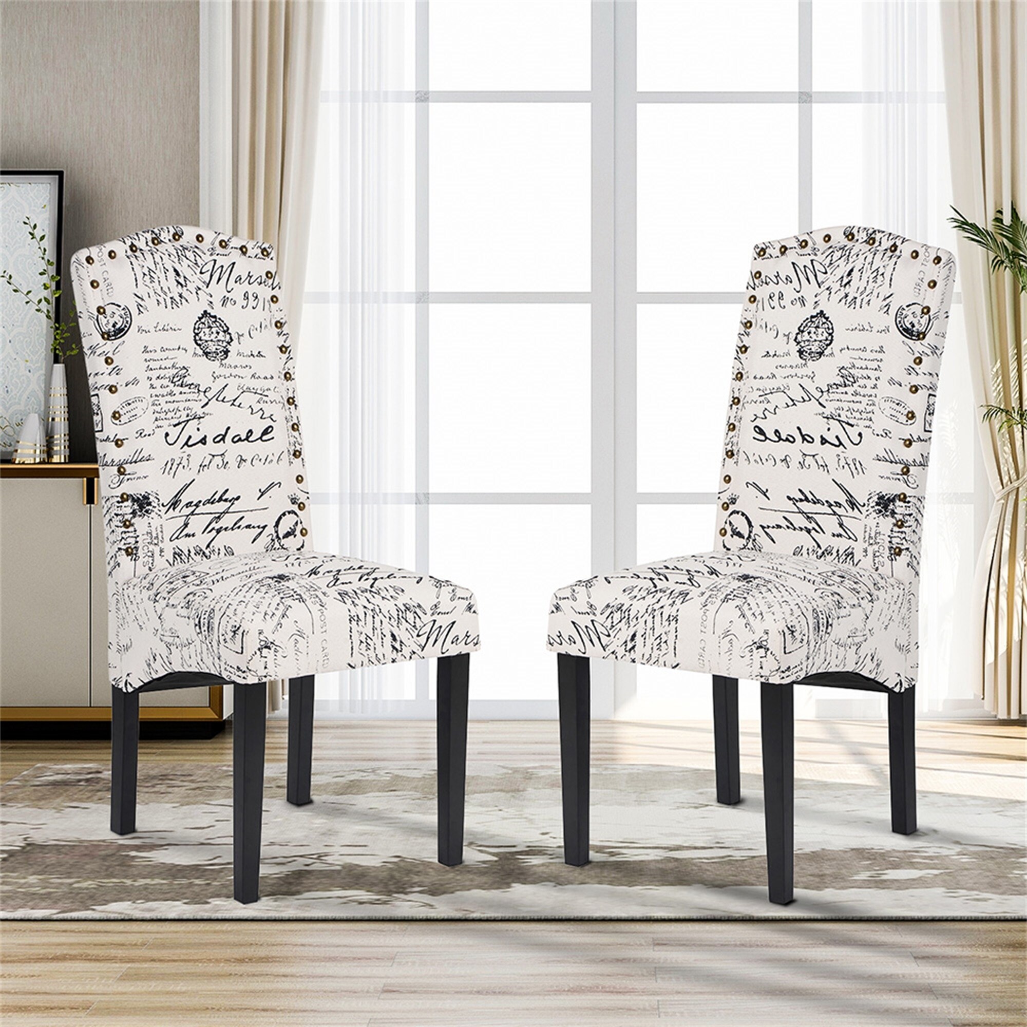 Dining Script Fabric Accent Chair with Solid Wood Legs Set of 2
