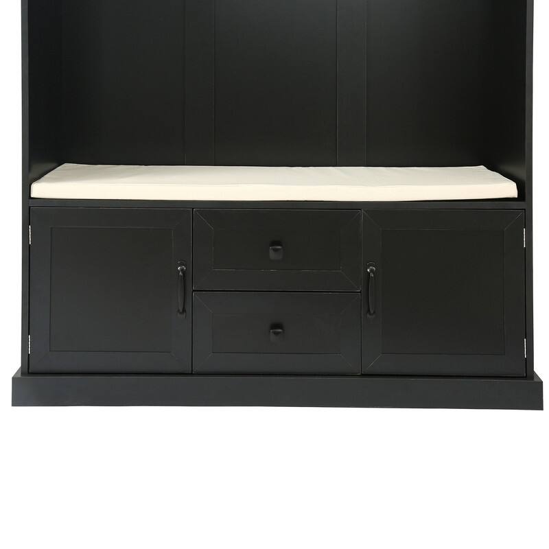 Traditional Style Entryway Hall Tree with Cushion Storage Bench/3 Coat Hanger/3 Shelves