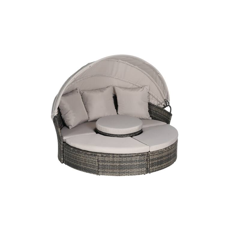 5-Piece Outdoor Patio Conversation Set Wicker Daybed Set with Canopy, Storable Table&Soft Cushions