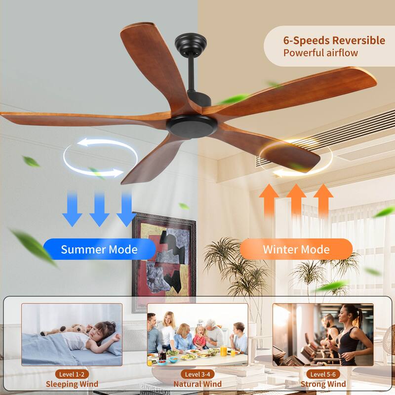 60 Inch Wood Ceiling Fan No Light Remote Control Low Profile Noiseless Reversible DC Motor Timer