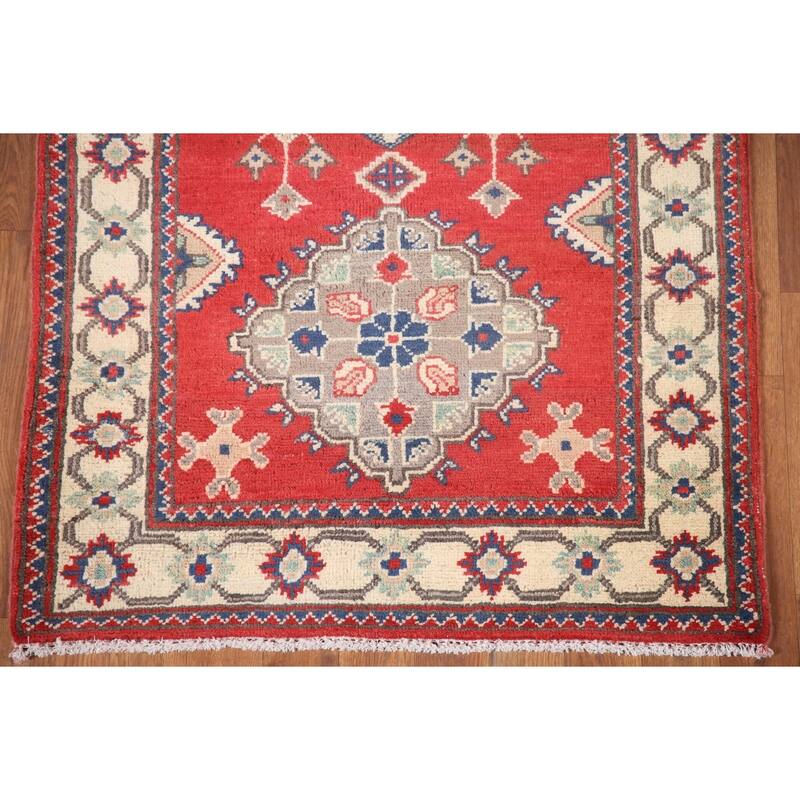 Hand Knotted Oriental 100% Wool Carpet Traditional Geometric Red Kazak Runner Rug - 9' 3'' X 2' 9''