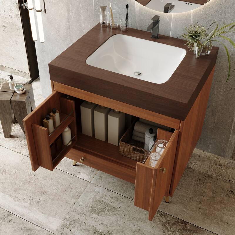 Mid-Century 30" Freestanding Bathroom Vanity with Faux Marble Top, Ceramic Sink & Gold Legs Cabinet