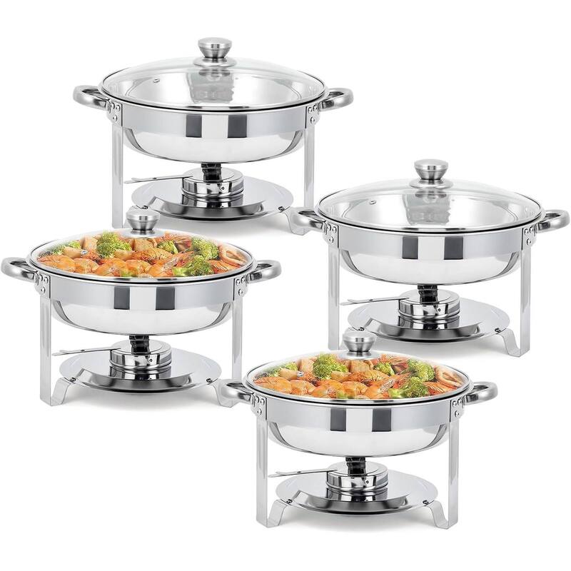 5 Qt Round Stainless Steel Chafer Set with Glass Lids - 4 Pcs