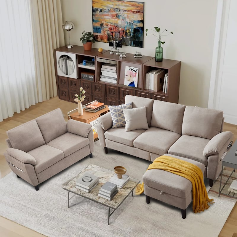 3-Piece Living Room Sectional Sofa Set with Loveseat and Ottoman - Beige