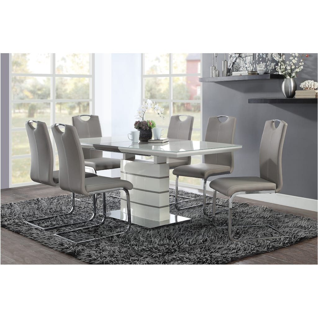 Sammy White Gray Taupe Modern Faux Leather Pedestal Dining Room Set