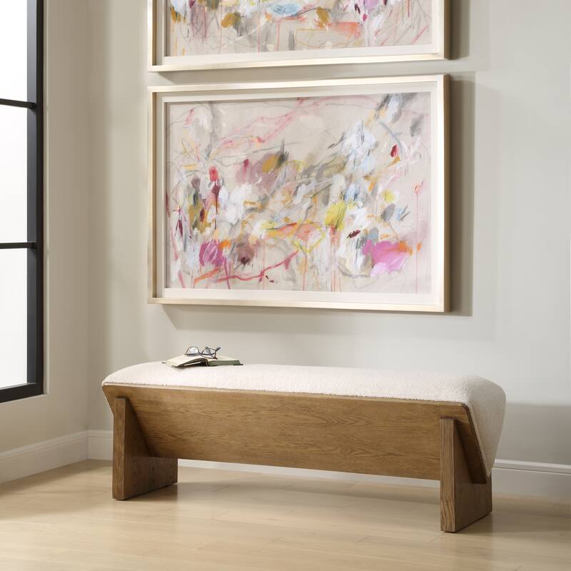Upholstered Wooden Wedged Bench - 59" - Cream and Brown