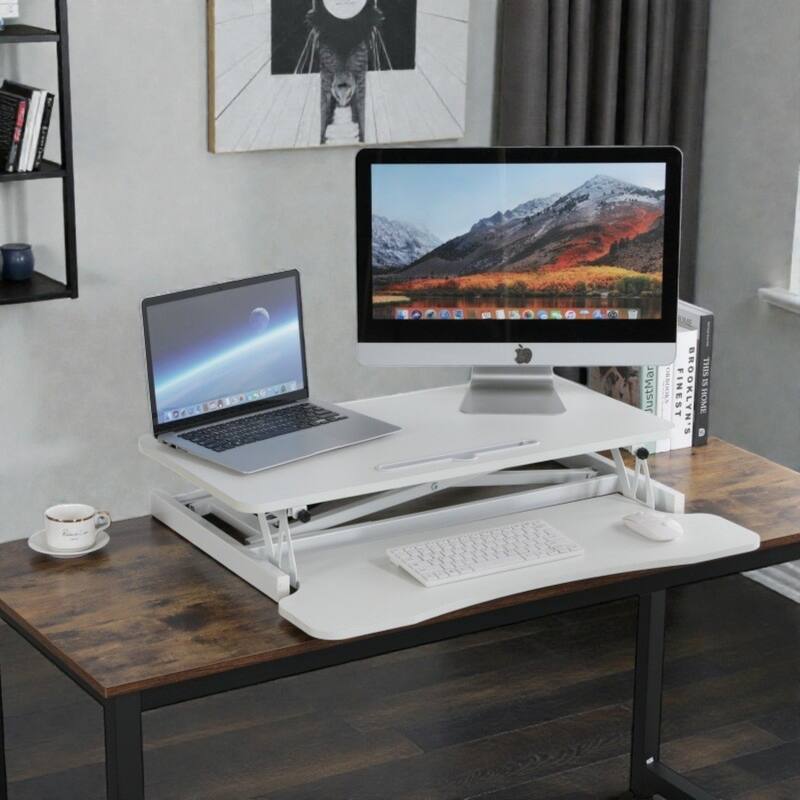 32 Inch Desk Converter Height Adjustable Sit to Stand Desk Riser with Keyboard Tray for Dual Monitor Laptop - White