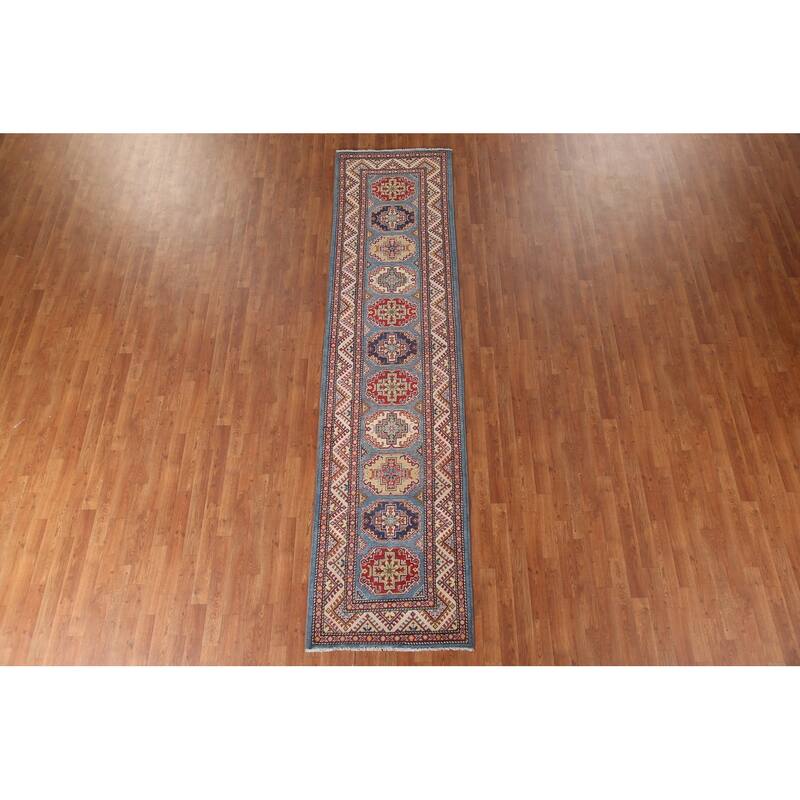Blue Geometric Kazak Runner Rug Hand-Knotted Wool Carpet - 2'9" x 11'3"
