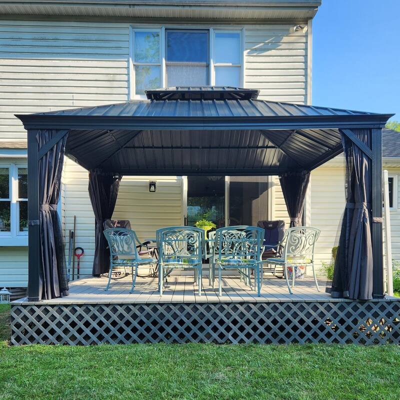 12' X 14' Permanent Aluminum Hardtop Gazebo with Galvanized Steel Roof, Drainage Gutters & Netting for Outdoor Events - Grey