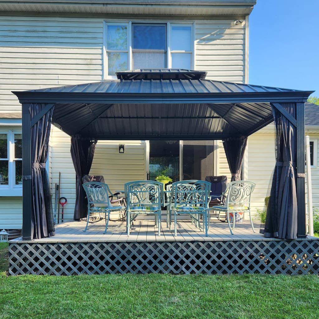 12' X 14' Permanent Aluminum Hardtop Gazebo with Galvanized Steel Roof, Drainage Gutters & Netting for Outdoor Events
