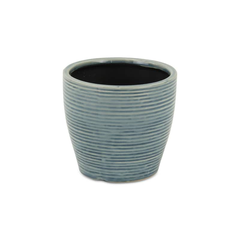 HomeRoots 6" Blue Striped Ceramic Indoor Outdoor Round Pot Planter
