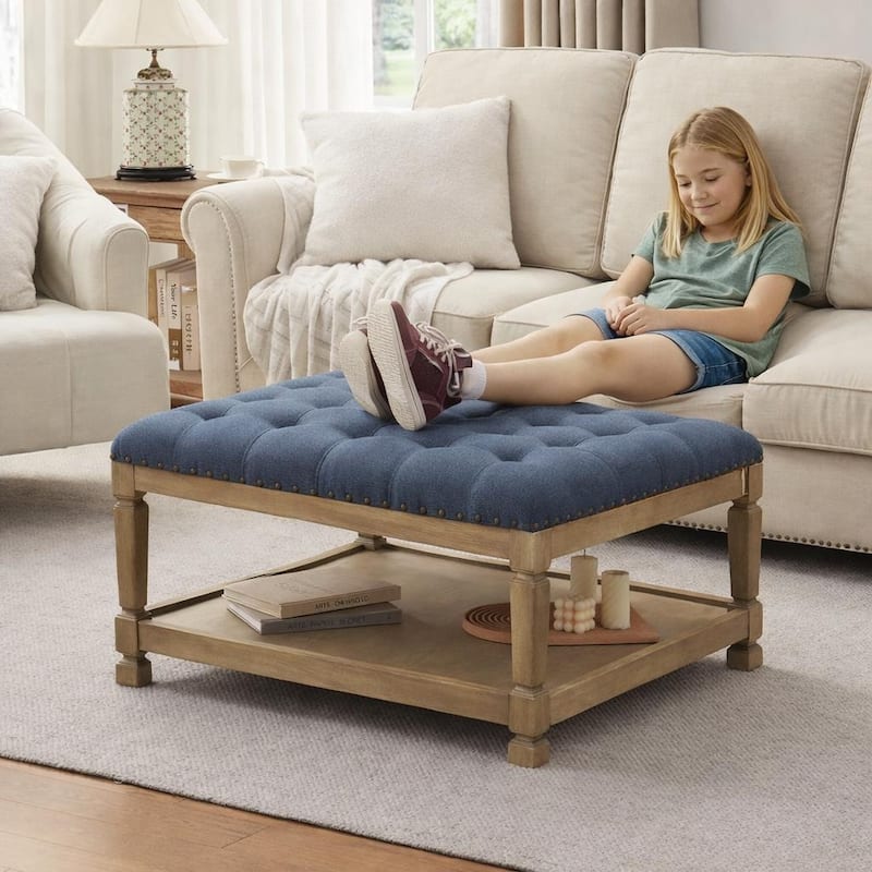 Button-Tufted Upholstered Coffee Table Ottoman with Wooden Shelf – Square Fabric Ottoman