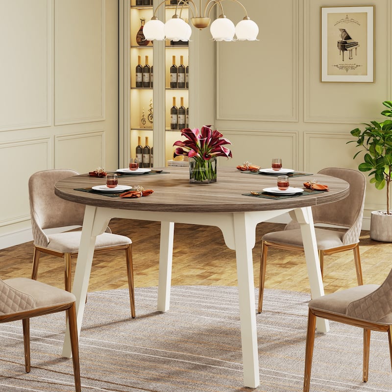 47 Inch Round Dining Table for 4, Farmhouse Kitchen Table - Brown and White