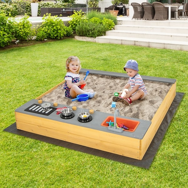 slide 2 of 11, Wooden Sandbox Kids Sand Pit with Kitchen Playset Accessories - 53" x 49" x 8" Natural