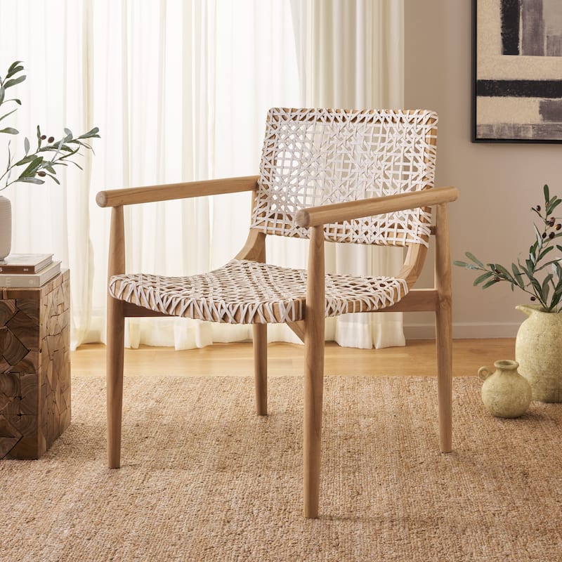 SAFAVIEH Clarissa Solid Wood & Leather Accent Chair (Fully Assembled) - W23" x D23" x H33" - 23Wx23Dx33H