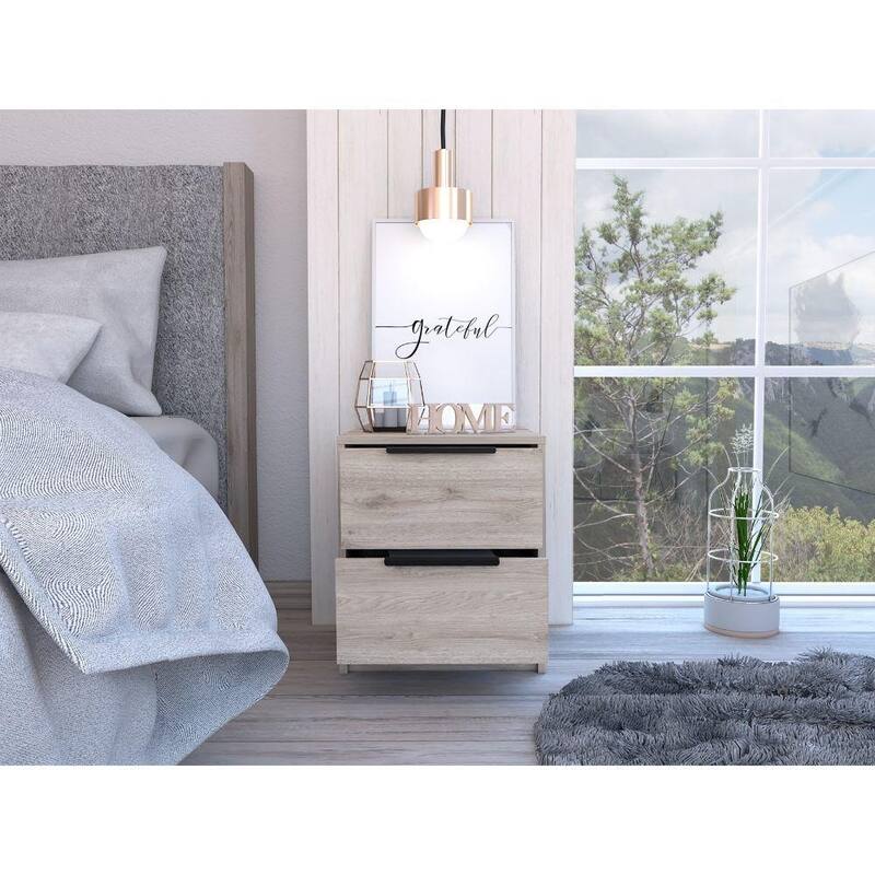 Modern Light Gray Nightstand with Two Drawers and Metal Hardware