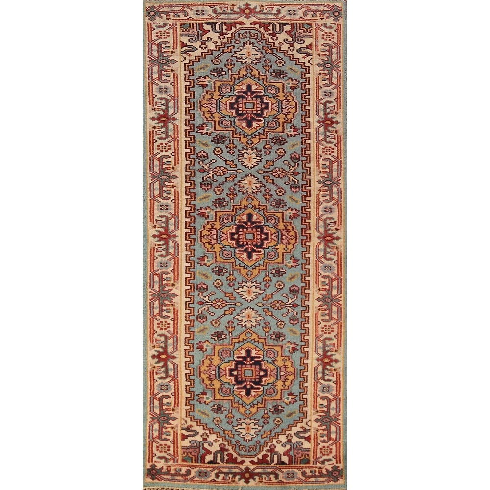 Light Blue Heriz Serapi Indian Runner Rug Hand-Knotted Wool Carpet - 2'5"x 8'0"