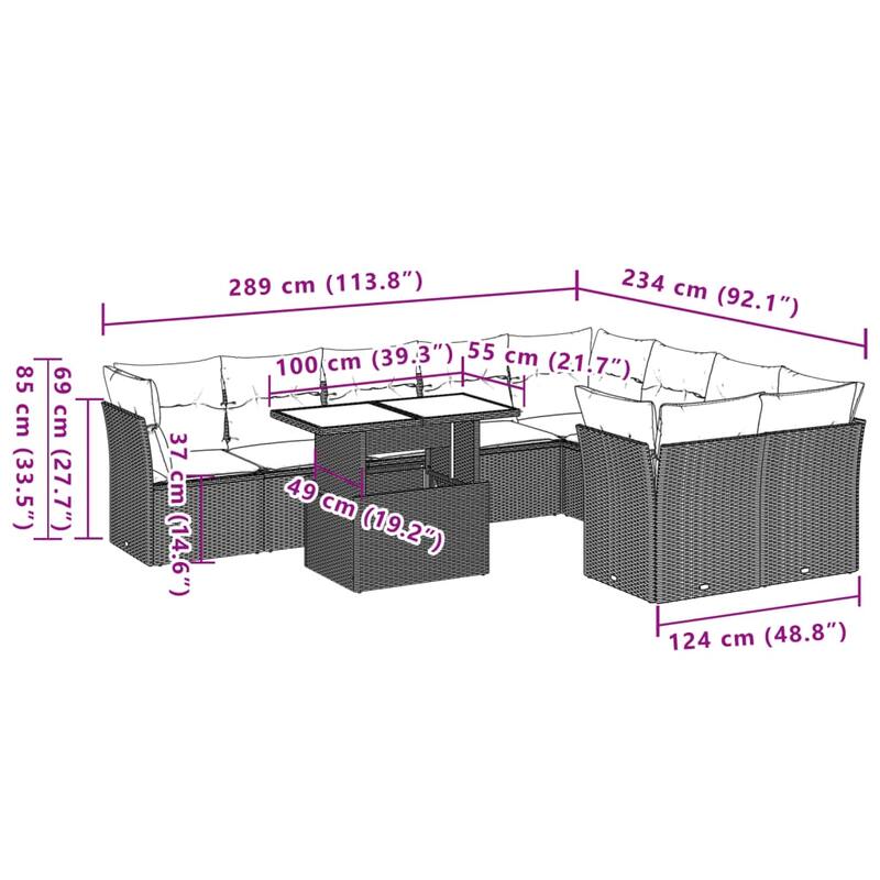 10-Piece Patio Sofa Set with Cushions - 21.7 x 39.4 x 28.7 in