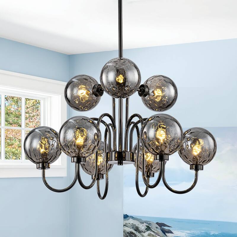 Art Deco 9-Light 2-Tier Smoked Water Glass Bubble Chandelier - 23.6in - Pearl Black