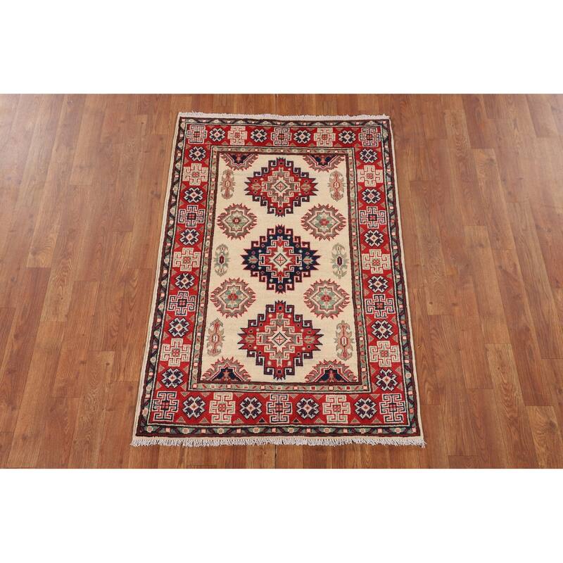 Ivory Kazak Foyer Rug Hand-Knotted Wool Carpet - 2'9" x 4'1"