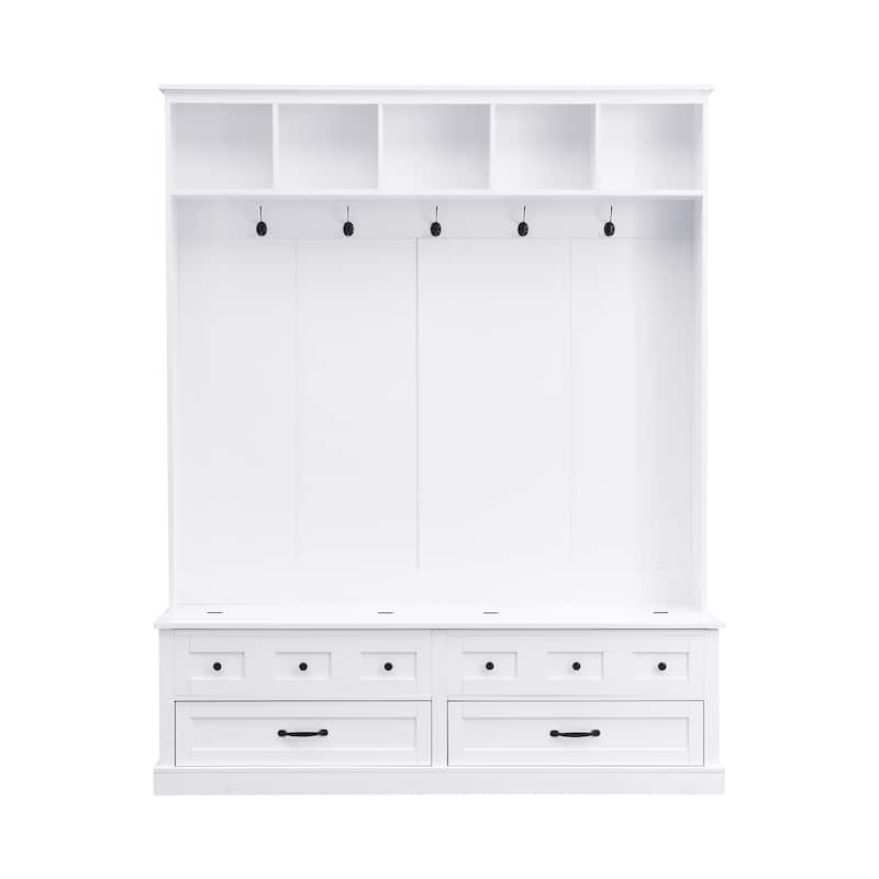 Roomfitters Elegant Wide Hall Tree with Lift-Top Bench, Wooden Mudroom Organizer with 5 Coat Hooks and 2 Storage Sections