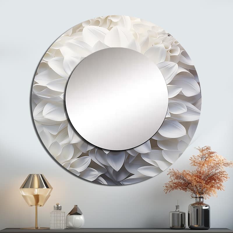 Designart "Minimalism White Dahlia" Dahlia Round Bathroom Mirror - black Traditional Round Wall Décor