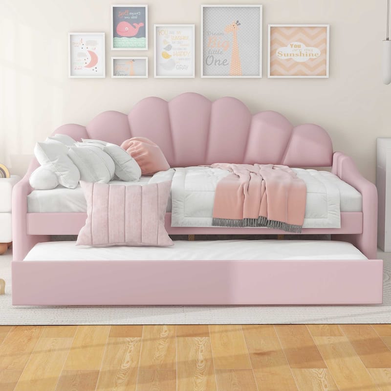 Full Size Upholstery Daybed Frame with Shall Shaped Backrest and Trundle, Beige