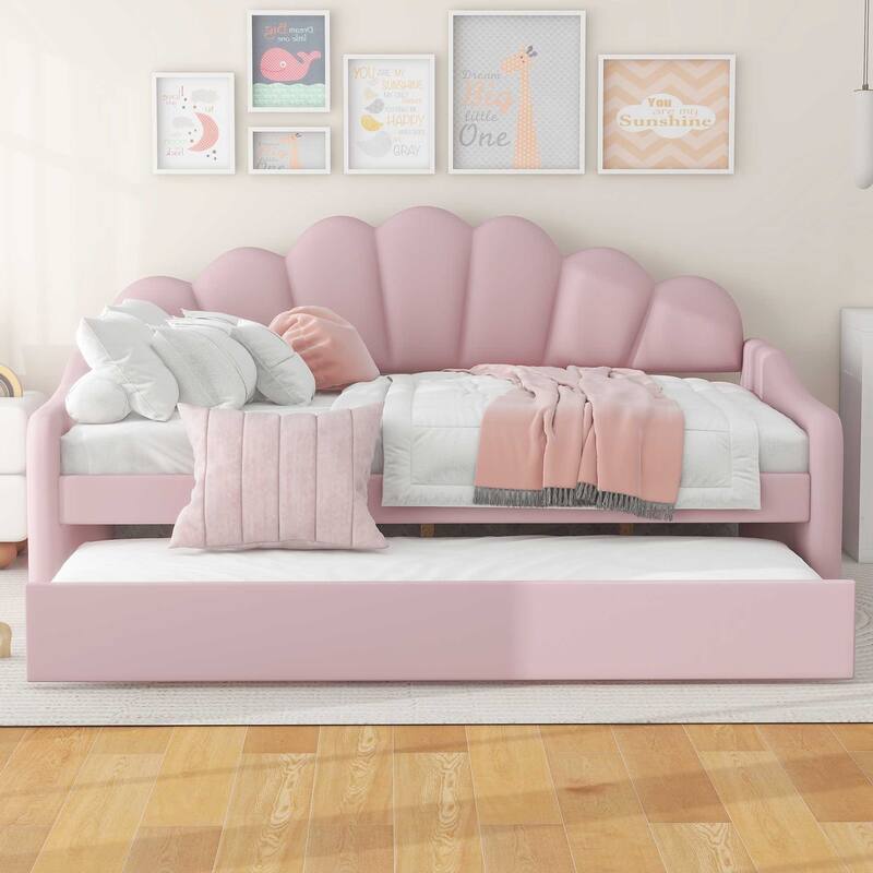 Full Size Velvet Daybed with Elegant Shell Backrest and Trundle, Sturdy Pine Wood Frame