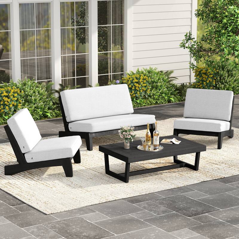 4 Piece Outdoor Wood Loveseat Chair Conversation Set with Cushion - Dark Wood - Beige