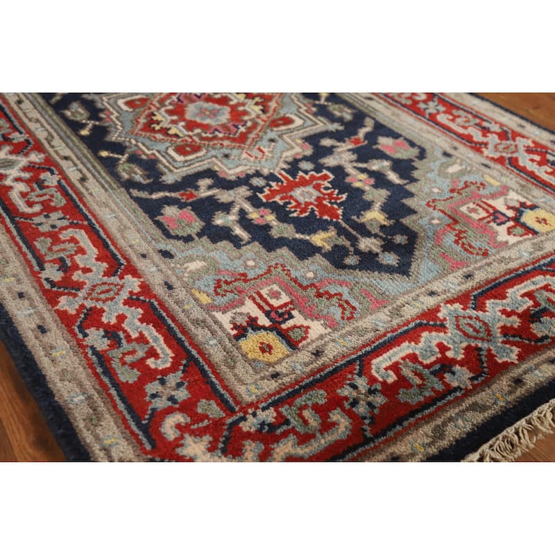 Hand Knotted Oriental 100% Wool Carpet Traditional Medallion Navy Blue & Blues Heriz (serapi) Area Rug - 5' 0'' X 3' 0''