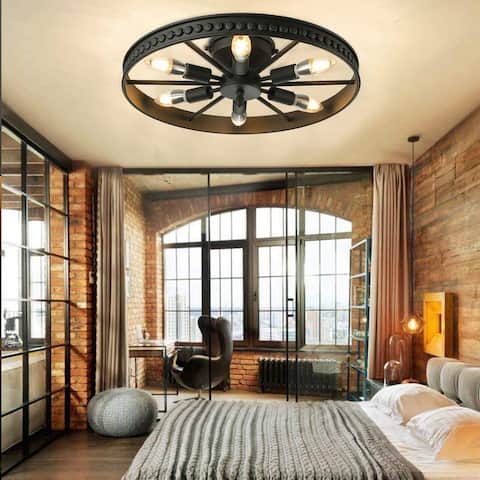 6 Heads Wagon Wheel Flush Mount Light Rustic Black Ceiling Light - 18 inches