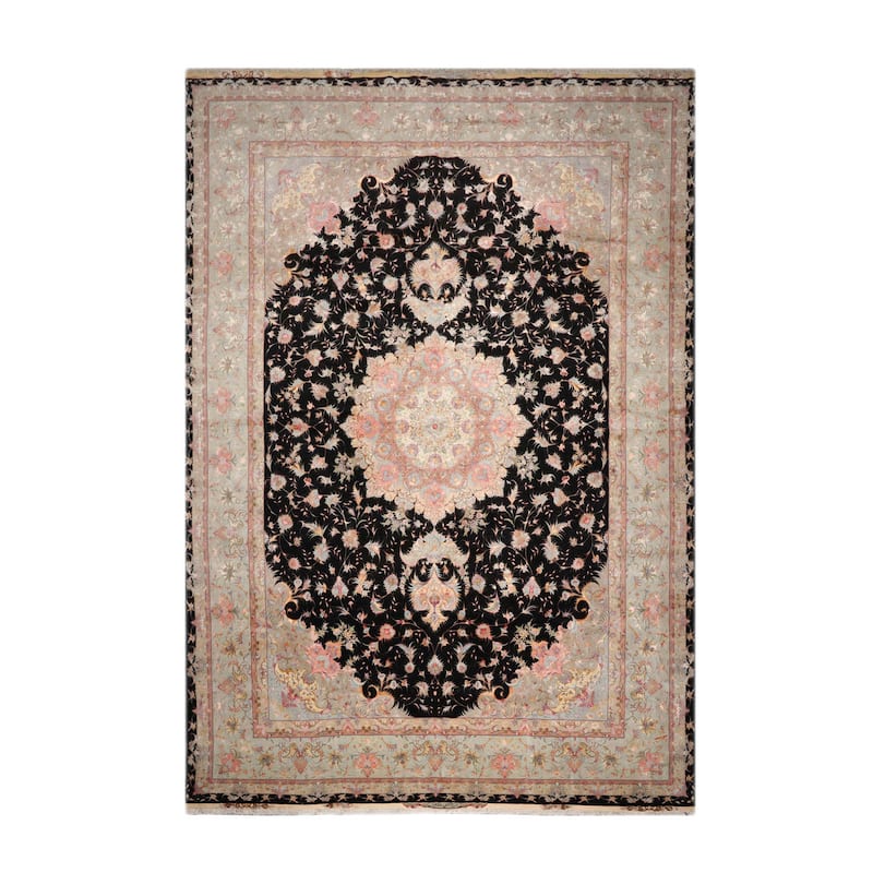 Hand Knotted Tabriz Black Persian Wool & Silk Traditional Area Rug - 11' 6'' x 16' 10''