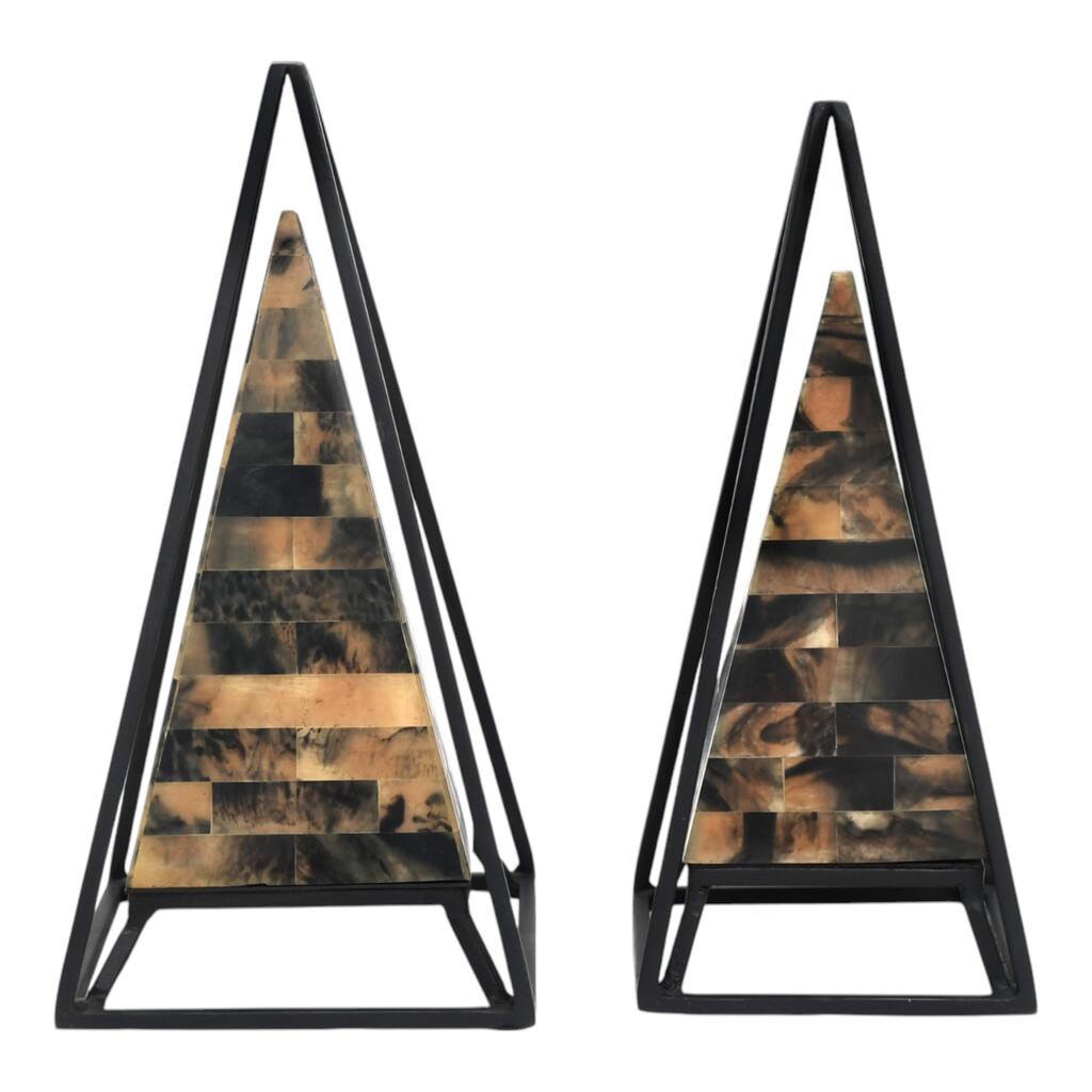 Sagebrook Home Iron & Wood Geometric Pyramid Decorative Object, 12"/13" Multi-Color Set - 6" x 6" x 13"