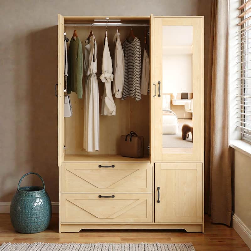 4 Door Wardrobe Closet with Mirror and LED Light, Wooden Storage Cabinet with 2 Drawers, Hanging Rod and Shelves - Natural