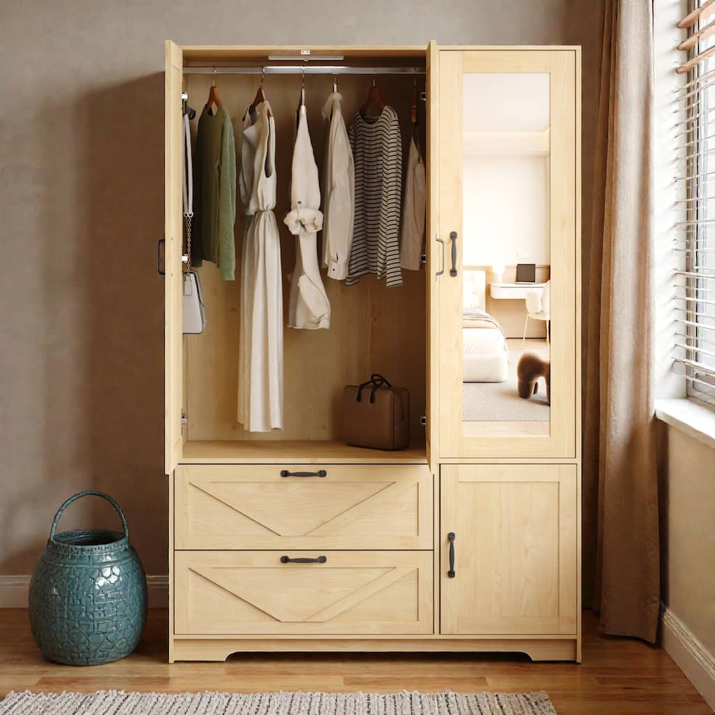 4 Door Wardrobe Closet with Mirror and LED Light, Wooden Storage Cabinet with 2 Drawers, Hanging Rod and Shelves